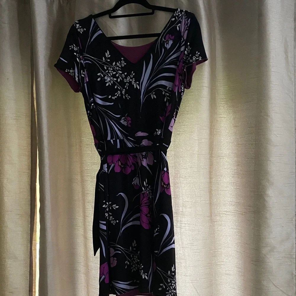 White House Black Market Black and Purple Floral Mini Dress. Reversable - Picture 2 of 2